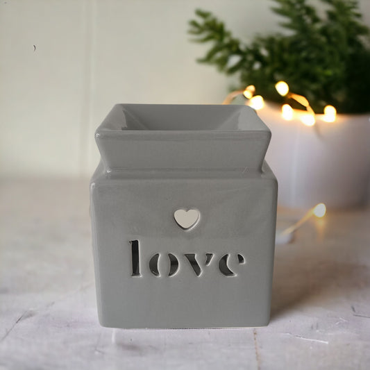 Grey 'Love' Ceramic Wax Melt Burner - includes a free wax bar of your choice